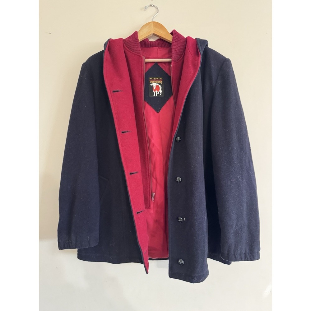 100% Wool Coat Navy Pea Mackintosh Vest coat Hood U.S.A Made Women's Size 12 Red